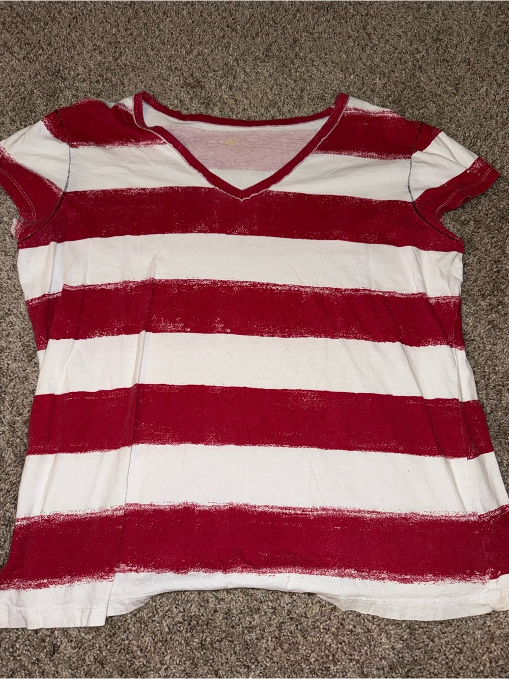 Women's Red & White Striped V-Neck Short Sleeve Tee